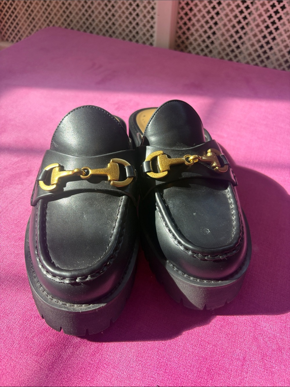 Nine West Black Leather Slip-On Mules with Gold Horsebit